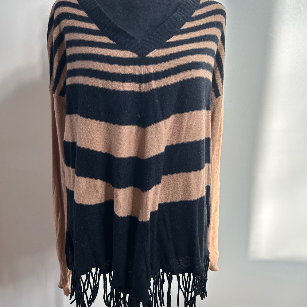 Elegant Black and Tan Striped V-Neck Sweater